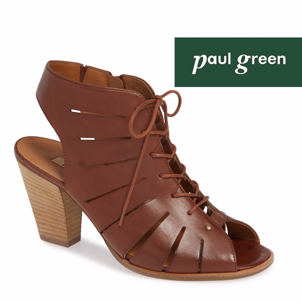 PAUL GREEN Peep Toe Lace-Up Bootie Sandal Brown
